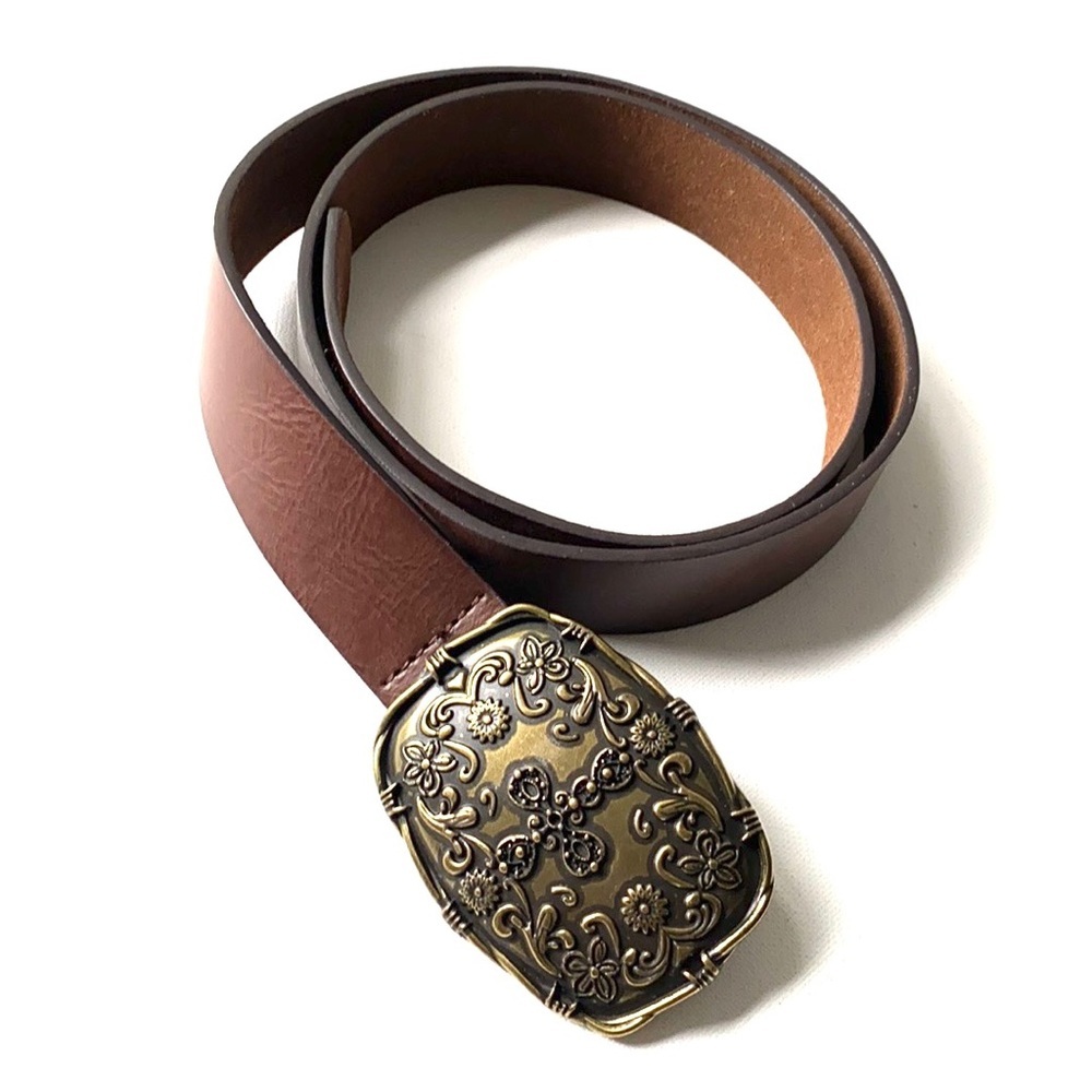 BoHo Brown belt‎ with metal cross & floral buckle